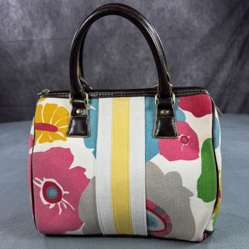 Vintage Victoria's Secret Floral Canvas Satchel Bag Brown Trim Multi Color